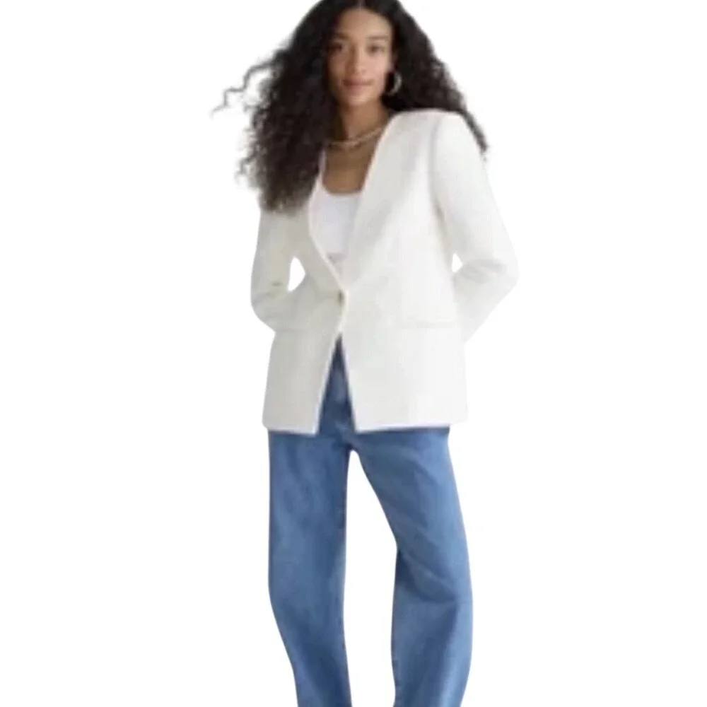 J Crew Collection Alfie Collarless Blazer Cotton Bouclé Relaxed Fit sz 4 White‎